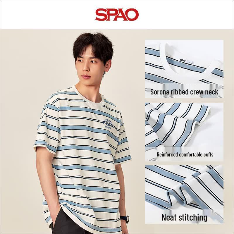 SPAO Men's 100% Cotton Striped Crew Neck T-Shirt