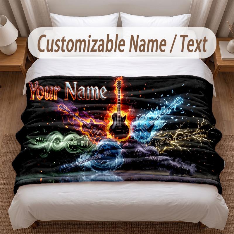 Music Guitar Theme Soft Blanket Personalized Custom Name Text Print Warm Blanket Home Sofa Bedroom Decor
