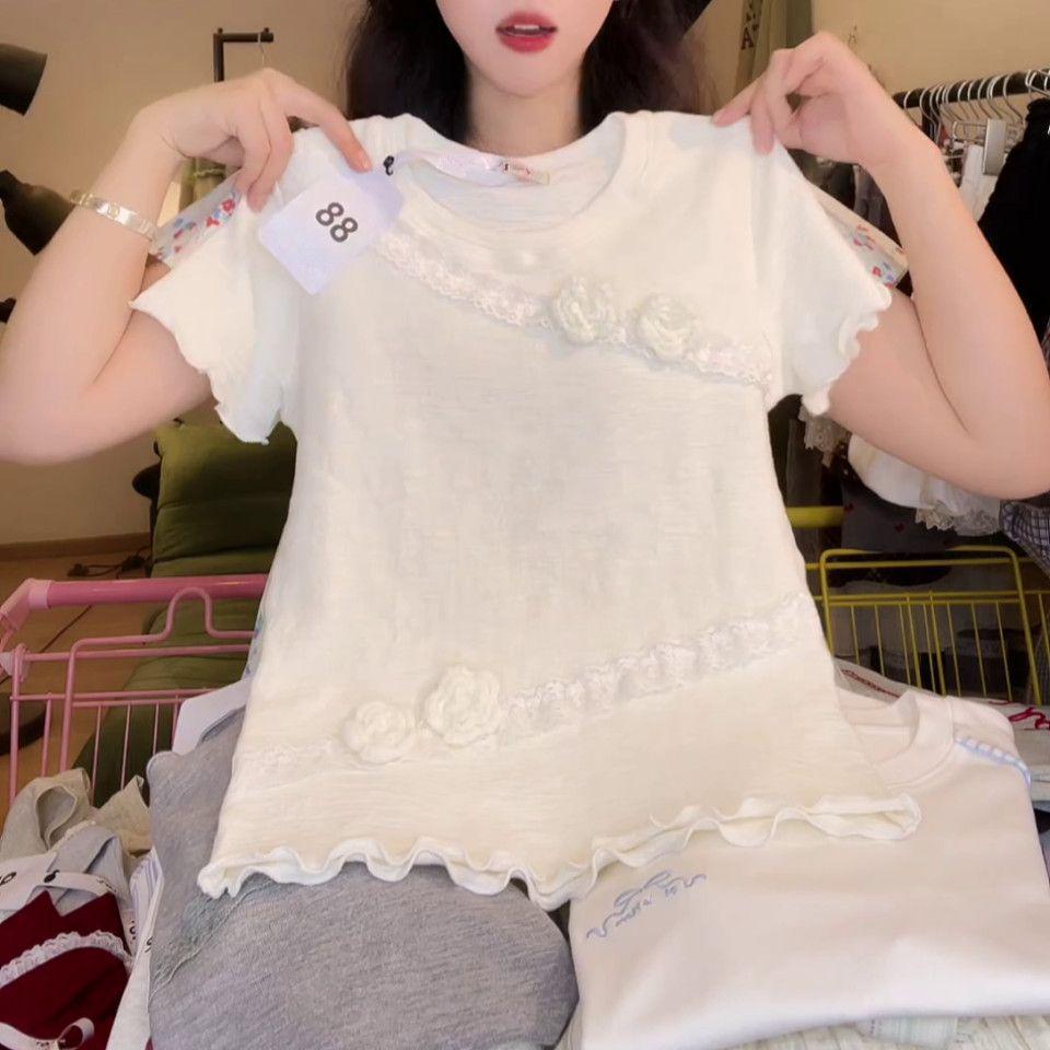 Icke-Transparent Spetslappverk Bomull Kortärmad Rak Axel Topp - Sommar Preppy Stil T-shirt