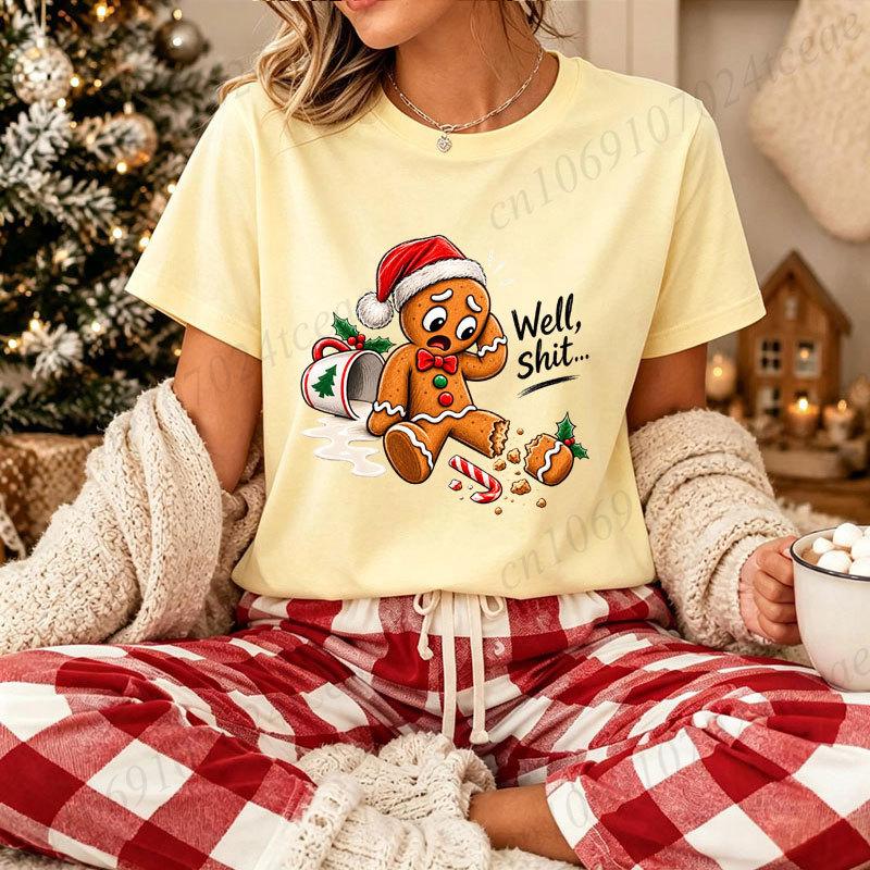 Funny Gingerbread Man Christmas T‑Shirt Well Shit Graphic Tee Xmas Santa Hat Print Short Sleeve Casual Holiday Party Tops Gifts