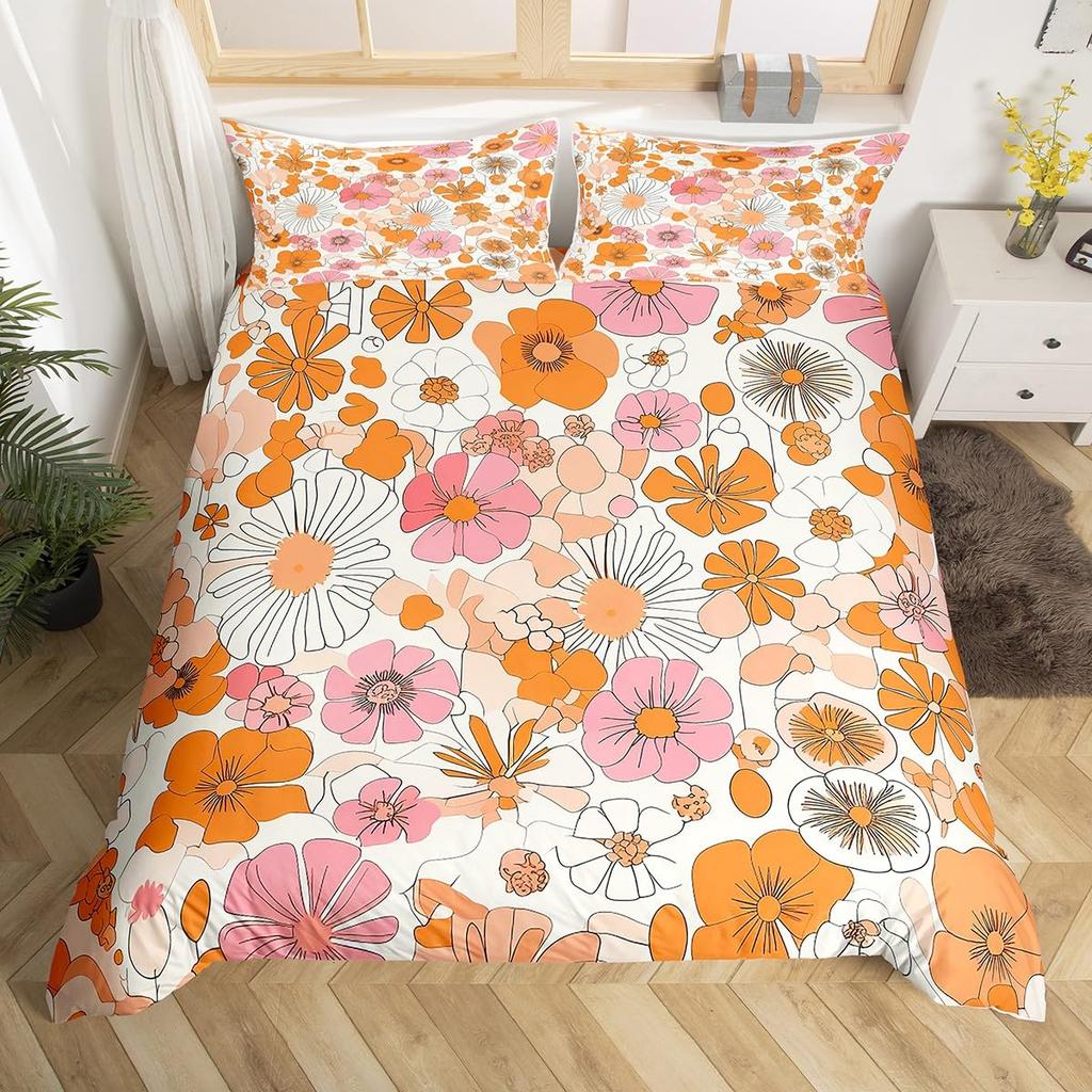 Bettdecke Retro Blumen Aquarell Gelb Floral Grüne Blätter Pflanze Bettdecke Und 2 K Bunter Stil Bettwäsche-Set