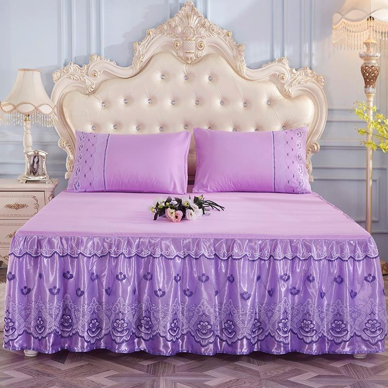 Bedding Bed Skirt Princess Korean Style Princess Purple Lace Bed Skirt 1 Pair Pillowcase Three-piece Bed Cover Twin Bedspreads