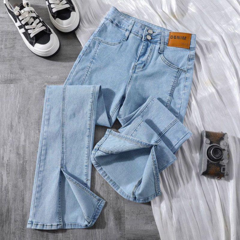 Women's High Waist Wide Leg Micro Flare Jeans - Slimming, Tall Leg-Lengthening, Split Hem, Spring/Autumn Korean Style