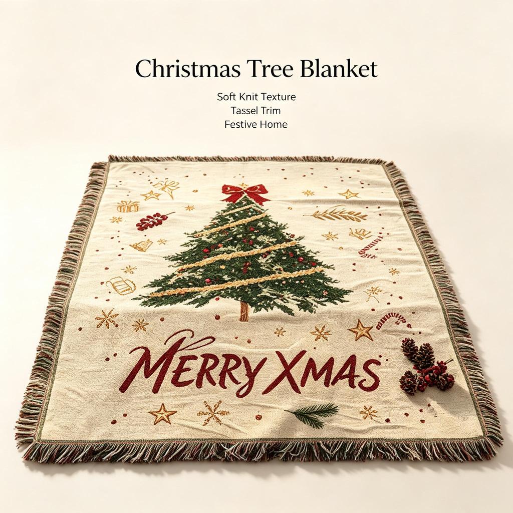 Christmas Tree Themed Throw Tapestry, X‑mas Decor Sofa Cover Bed Runner Holiday Home Decoration