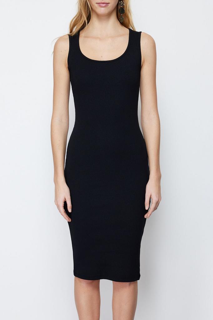 Damen-Stil-Kleid, schwarzes, geripptes, dehnbares Strick-Midi-Bleistiftkleid mit Pool-Ausschnitt