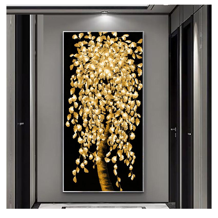 Baum-Ölgemälde auf Leinwand, Poster und Drucke, Wandkunst, Bilder für Wohnzimmer, Cuadros-Dekor, abstrakte goldene Blätter und Geld
