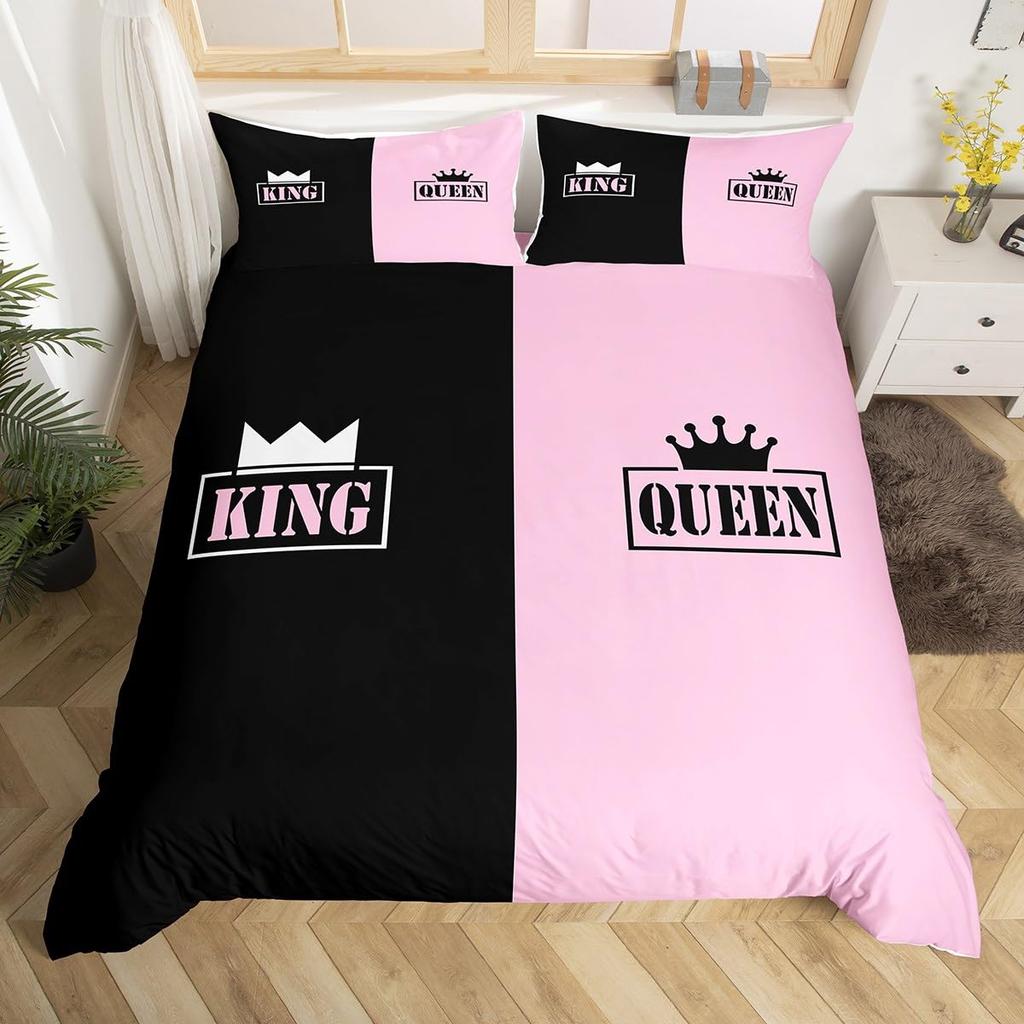 Crown Queen and King Duvet Cover Pink Black Bedding Set Crown His and Hers Comforter Cover Romantic Valentine's Day Quilt Cover