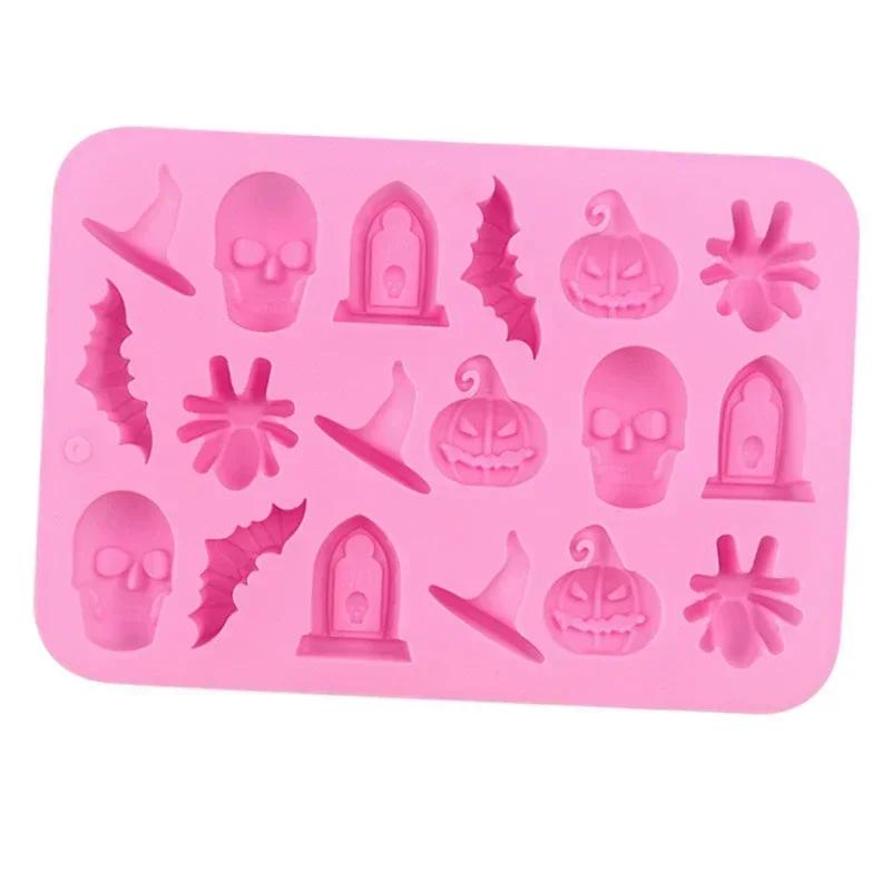 18 Cavities Halloween Scary Silicone Mold Hat Skull Tomb Bat Pumpkin Spider Chocolate Gummy Mould Cake Decoration Baking Mold