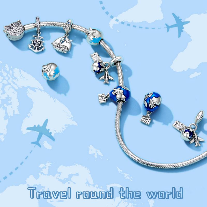 WOSTU Real 925 Silver Blue Series Moon Plane Space Beads Astronaut Charm Owl Pendant Fit Original Bracelet DIY Necklace