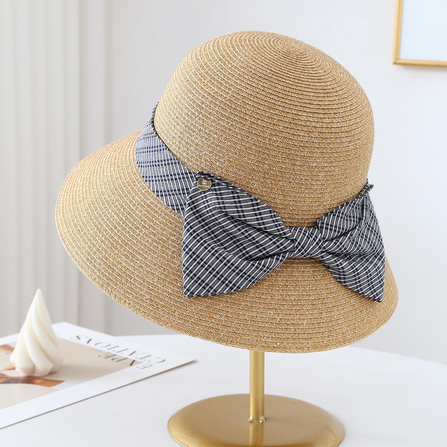 

Korean Style Plaid Bowknot Bucket Hat Woven Sunshade Versatile Women s Summer Sunhat Fashionable Outdoor Protection 56-58cm света кофе