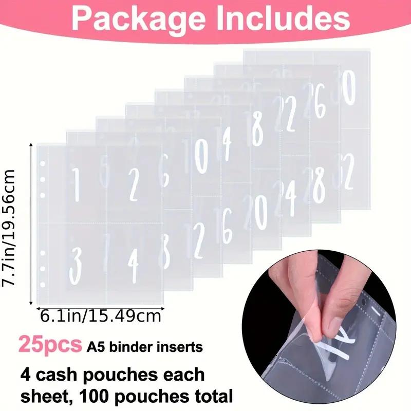 25 Sheets Of 100 Envelopes Save Money Challenge A5 Ring Adhesive Insertion Replacement, Pre-marked 1-100 Money Bag Cash Filler