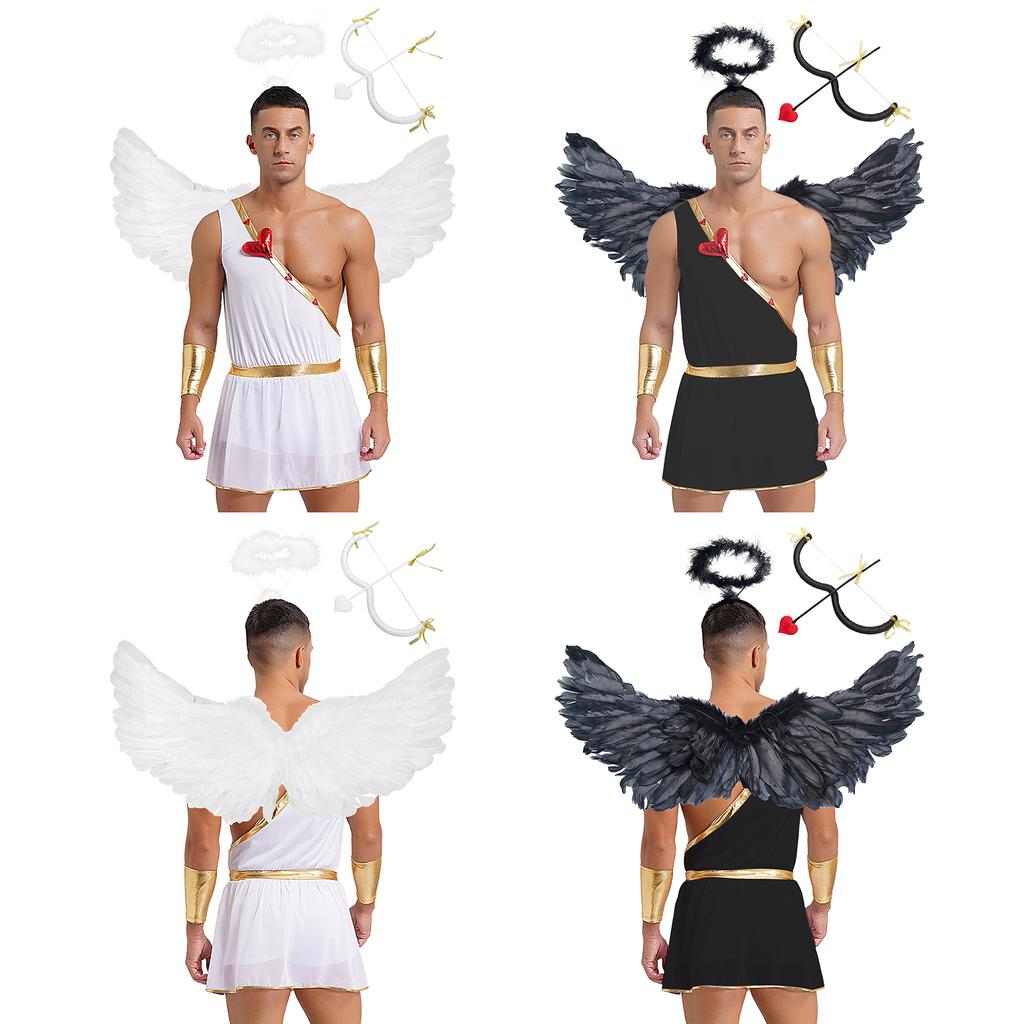Mens Cupid Costume Set Romper Jumpsuit Detachable Sleeves Feather Angel Wings Headwear M Shaped Bow Heart Arrow