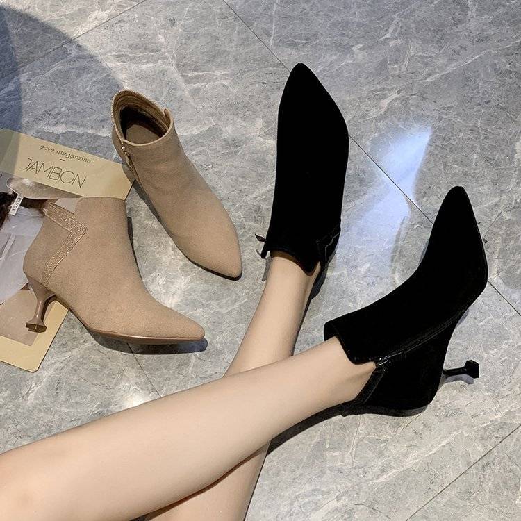 Short Boots with Women's Low-heeled Shoes Side Zipper Suede Surface High Heel Fabric Pointed Toe Shoes Suede Short Booties