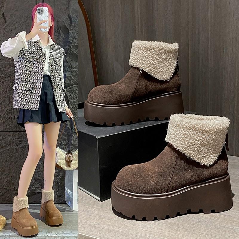 Flip snow boots women's winter height and thinness thick-soled velvet cotton shoes Yadan wind sweet solid color tide