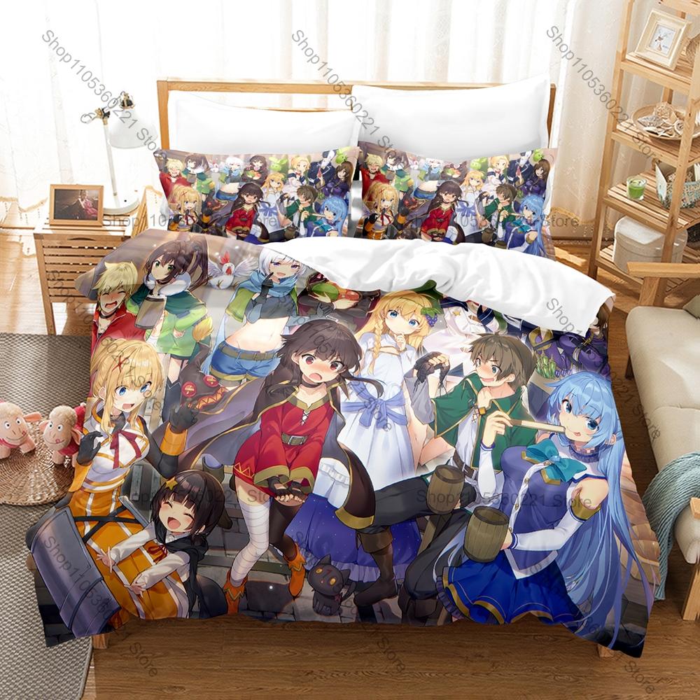 KonoSuba Bright Colorful Isekai Fantasy Hilarious Adventure Mage Goddess Knight Anime Bedding Set Duvet Cover + 2 Pillowcases