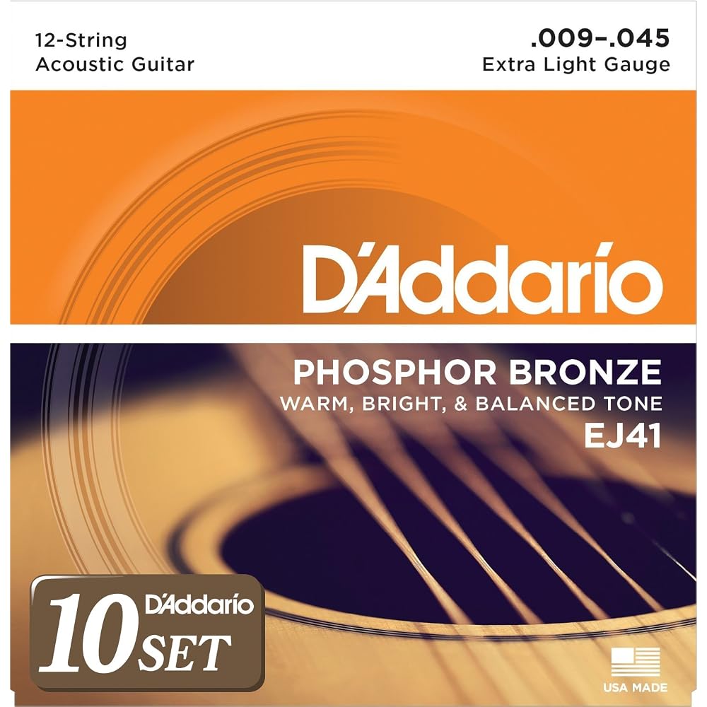 D'Addario Daddario Acoustic Guitar Strings Phosphor Bronze .009-.045 12 Strings Extra Light 10 Se...