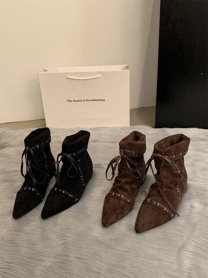 Skládané špičaté krátké boty dámské ploché dno pásky 2025 léto a podzim nové retro niche Maillard westernové kovbojské boty