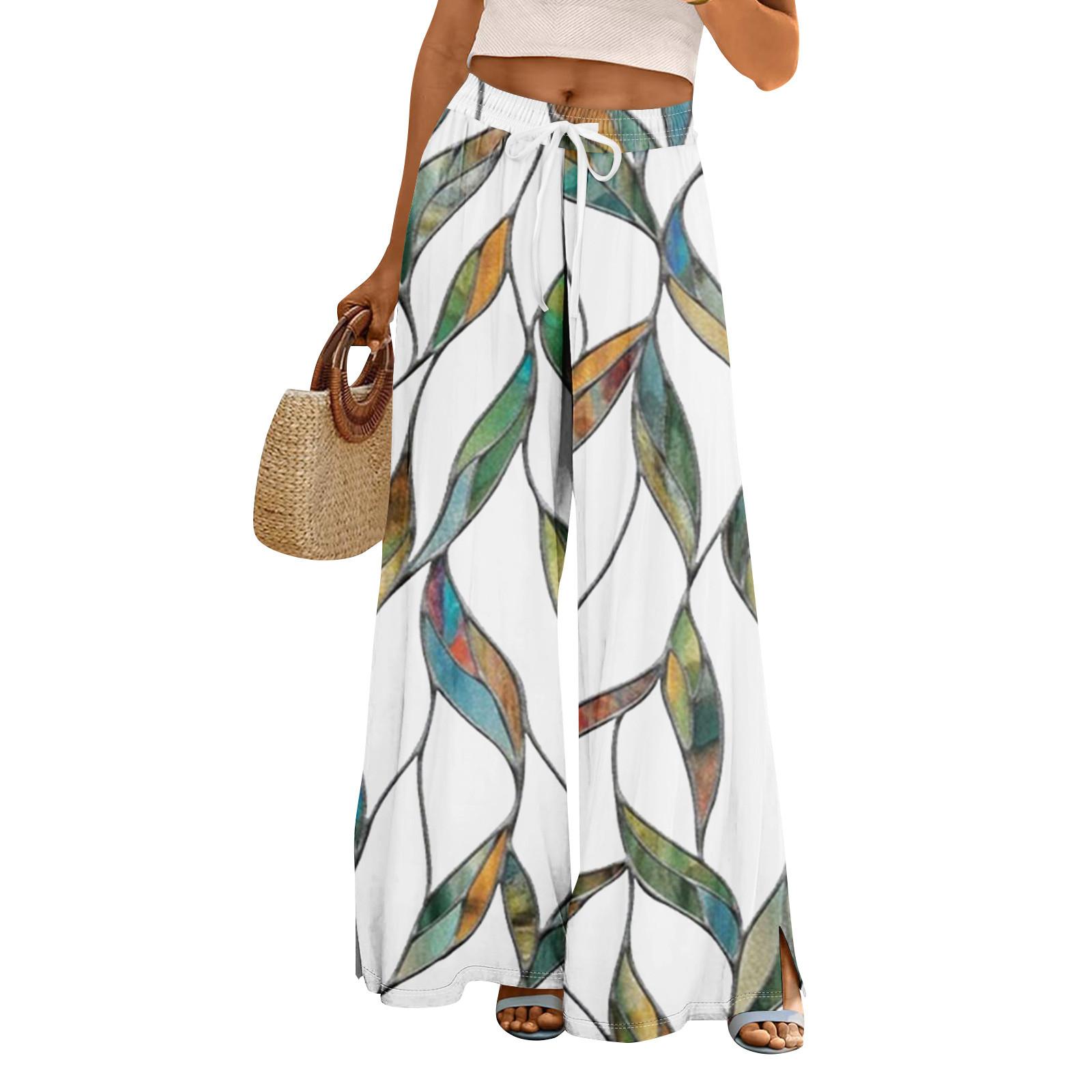 

Женские летние брюки-палаццо в стиле бохо с высокой талией, широкие повседневные брюки с цветочным принтом и карманами S белый