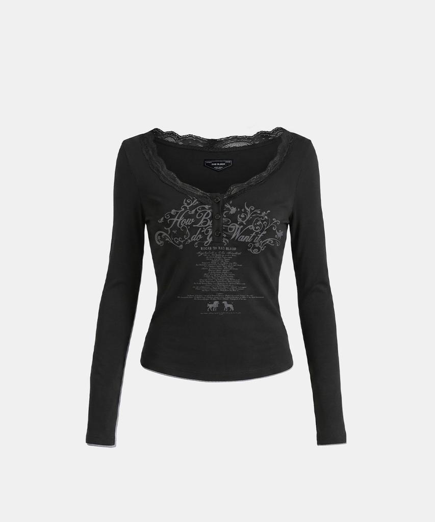 BADBLOOD Do You Want It Lace Henley Neck Long Sleeve - Black