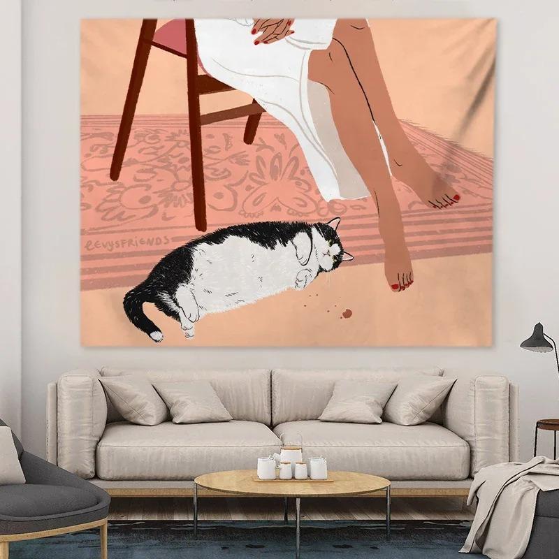 Çizgi Film Kedi Desenli Dekoratif Goblen Ev Duvarı Oturma Odası Ofis Dekoratif Goblen