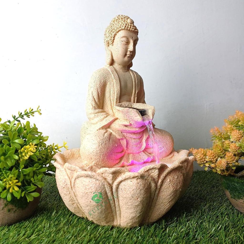 Lotus Buddha Table Top Water Fountain with RGB LED Light for Home Décor/Gift/Vastu/Pooja/Reception/House Warming (Biege Stone)