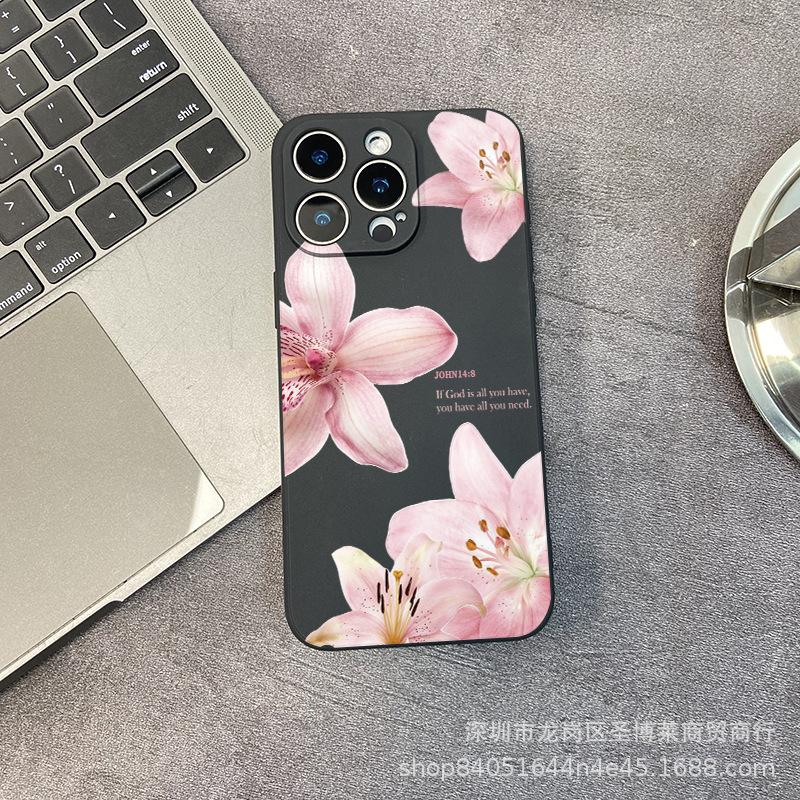 Pink English Flower Applies To iPhone15 Mobile Phone Case 14PROMAX All-inclusive 13/11 Anti-drop 16/15 Protective Case 17