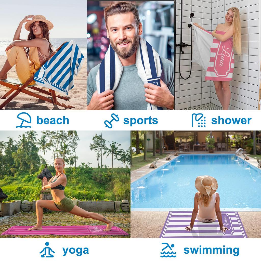 Personalized Striped Beach Towel Custom Name/Logo Oversized Microfiber Towel Summer Party Gift for Beach Swimming Bath Sports