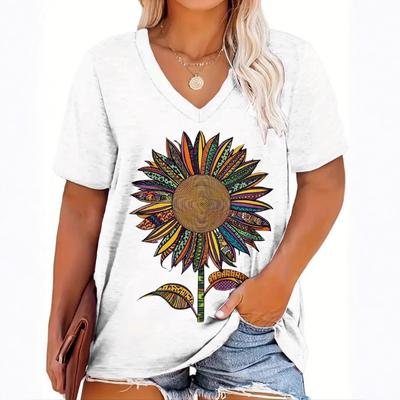 Summer Thin Creative Sunflower Print Women's Loose Casual Short Sleeved V-neck T-Shirts Women’s