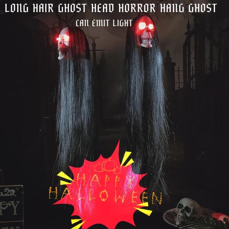 

20-дюймовая длина, высокое качество и новый Хэллоуин, висящий призрачный череп с длинными волосами, светящимися глазами, ужасный череп, дом-призрак, голова, скелет, реквизит