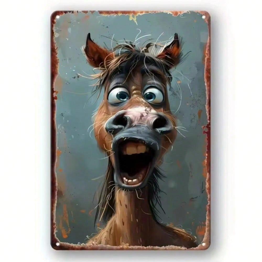 Vintage Metal Sign Funny Horse Face Wall Decor Waterproof Easy Mount Indoor Outdoor