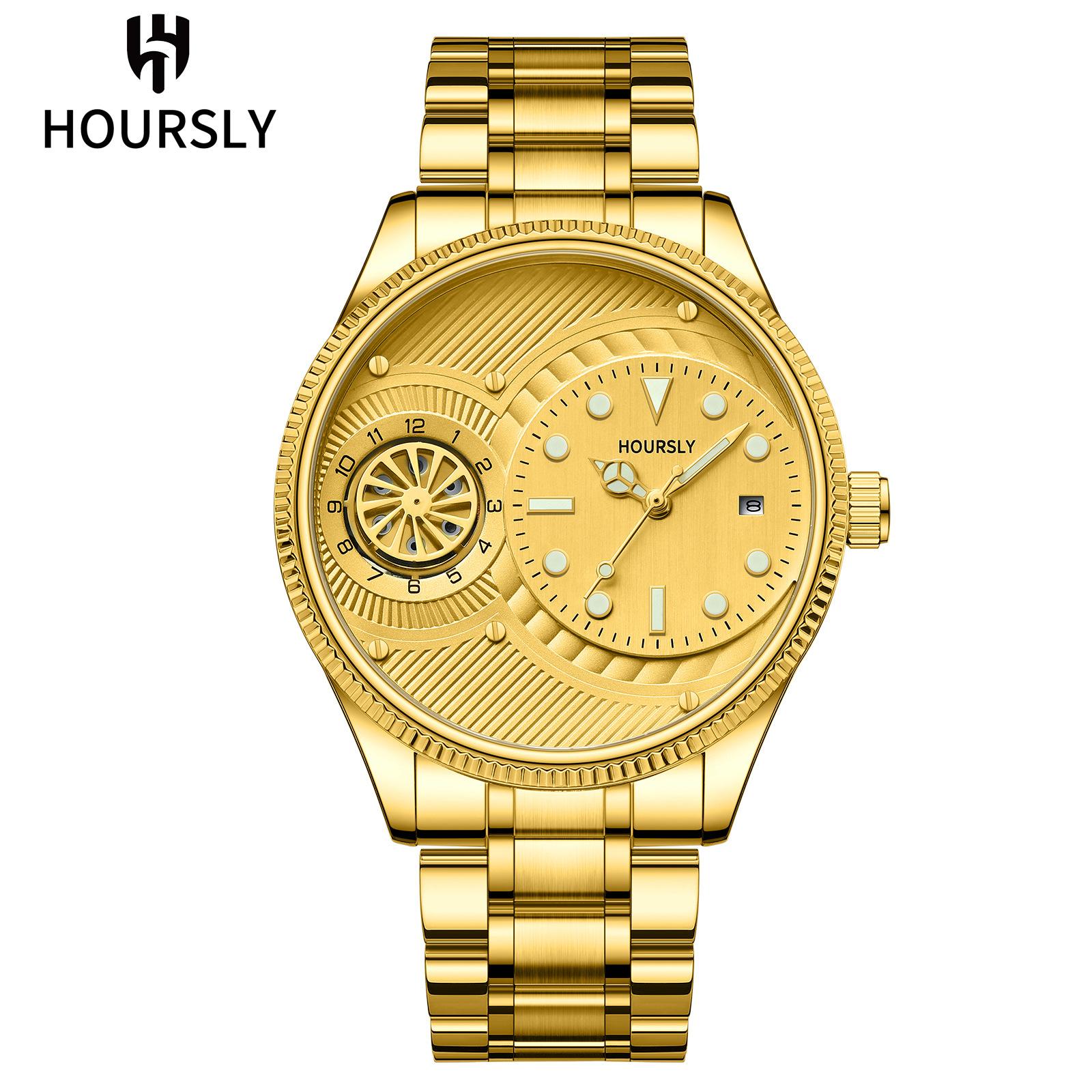 

Модные мужские часы Простой круглый циферблат с вращающимся диском Люминесцентный календарь Ремешок из нержавеющей стали золотой