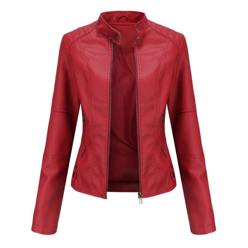 Womens Slim Fit PU Leather Jacket Stand Collar Biker Style Lightweight Coat