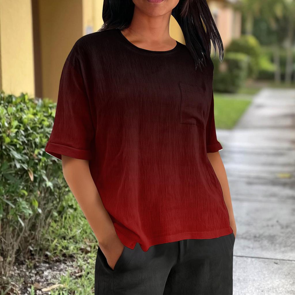 Fashionable Women's T-shirt Short Sleeved Casual Top With Pocket Gradient Print Round Neck Lightweight Shirt