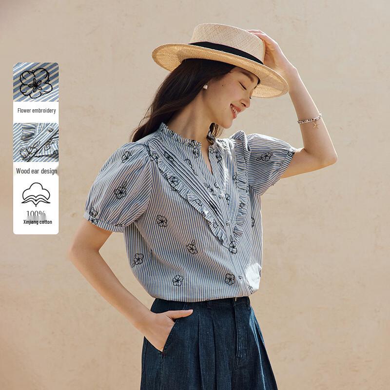 INMAN Striped Cotton Embroidered Ruffle-Trim Blouse S