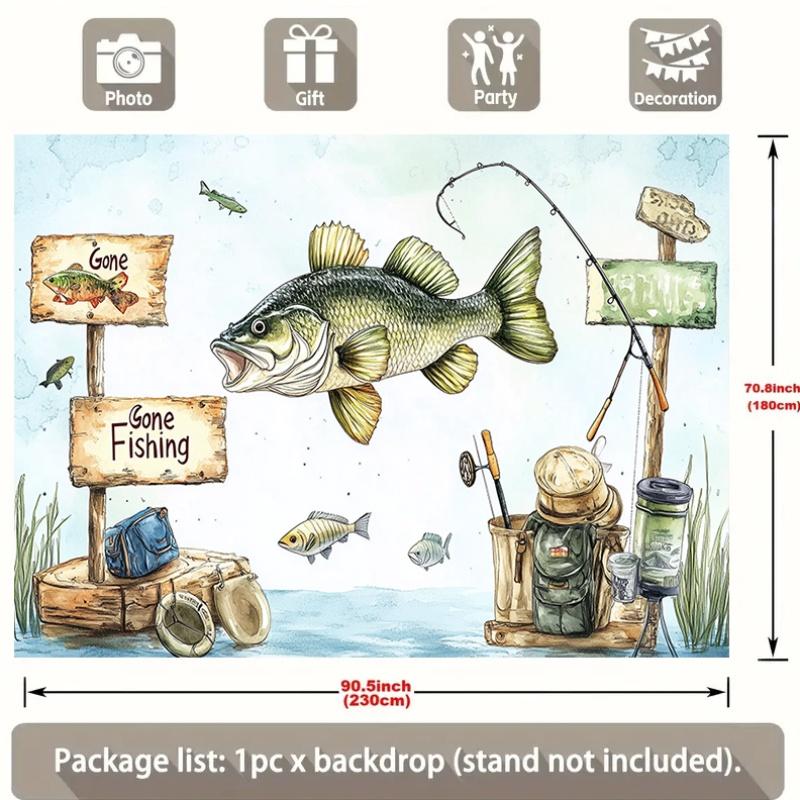1 "Fishing" party background - polyester decoration, featuring fisherman and fishing gear designs, for festival celebration