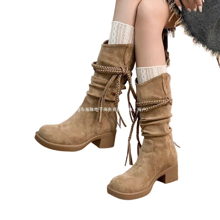 Retro wasteland wind fringed knight boots women's 2025 autumn and winter new thick heel pile boots inner height increase and thin medium boots