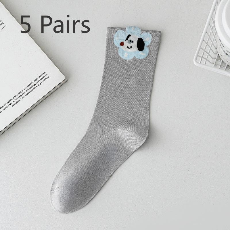 5 Pairs of Female Spring and Summer Cute All Match Cartoon Animal Tube Socks