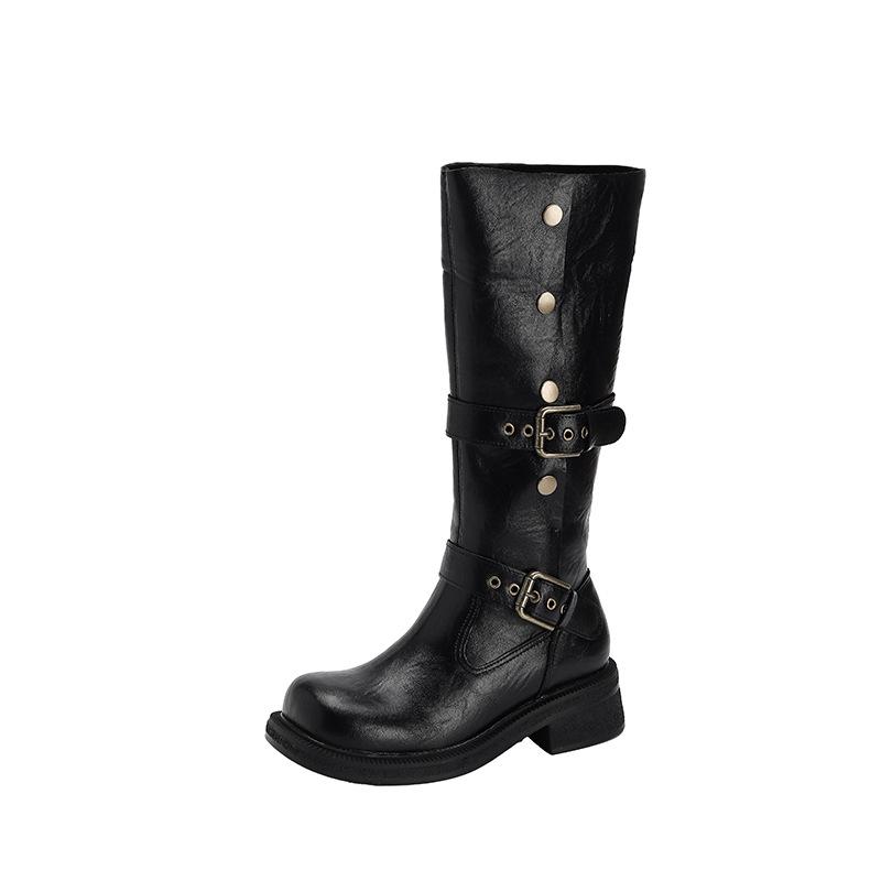 But Knee Leather Boots, Thick-soled Medium Boots, Plus Fat Large-size Women's Boots, Two Versatile Knight Boots, New Winter Models