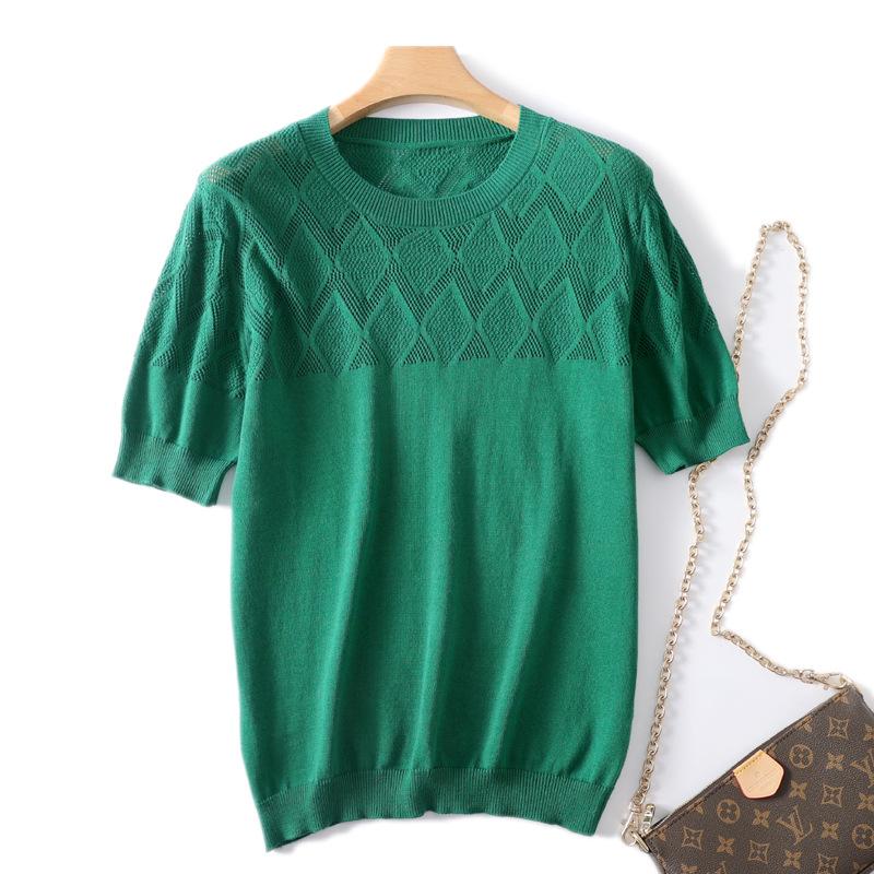 Summer's New Round Neck Simple and Hollow Short-sleeved Loose Casual Knitted Half Sleeve