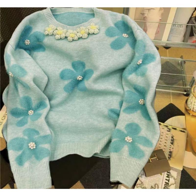 Faux Sable Soft Sweater Female Fall and Winter Fashion Beading Flowers Design Sense Niche Foreign-style Knit Sweater Female Comfortable and Versatile