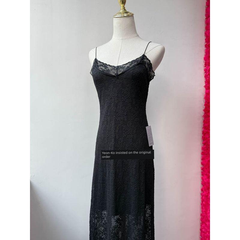 Foreign Trade Order Lu * H Black Lace Sling Sexy Pure Style Slim Fit Semi-Transparent Suspender Skirt Midi Dress