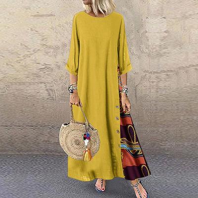 Women's Fashion Casual Loose Big Swing Half Sleeve Floral Holiday Maxi Plus Size Longos Robe Vintage Flower Round Neck Contrast Long Dress
