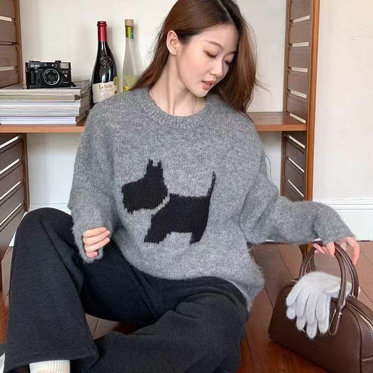 

Vintage 2026 Autumn Winter Loose Knit Sweater Round Neck Crochet Dog Pattern Cozy Oversized Pullover One Size сірий колір