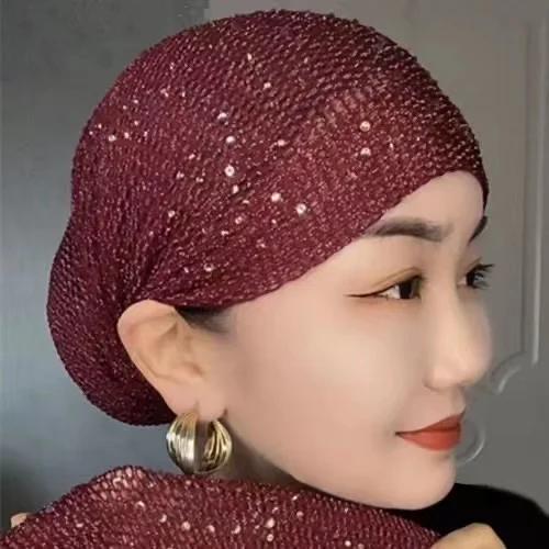 1pc Breathable Mesh Diamonds Turban Hat Elastic Women Summer Lace Head Cover Cap Muslim Headscarf Bonnet Lady Hair Loss Hat