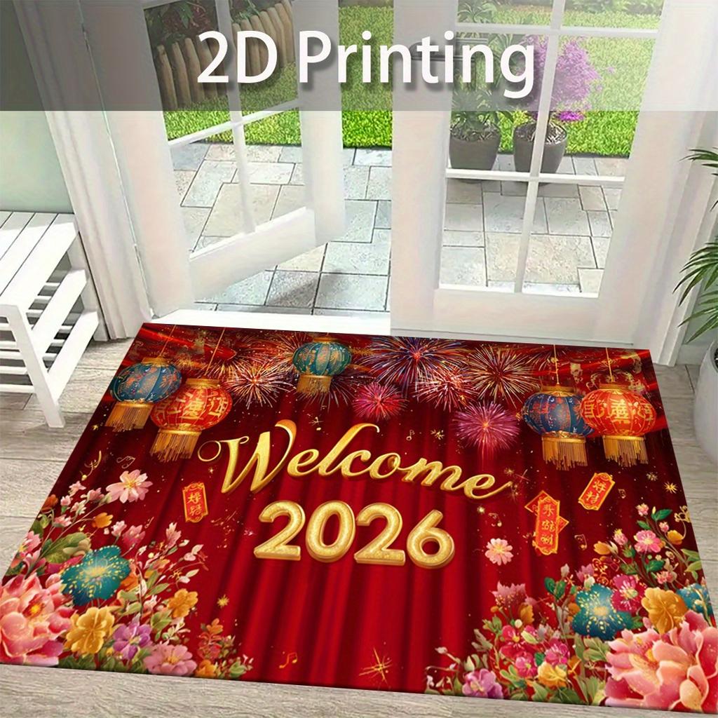 New Year Carpet Mat Rug Home Decoration Cartoon Dog Fireworks Pattern Festive Floor Mat Non-Slip Home Floor Mat Door Mat