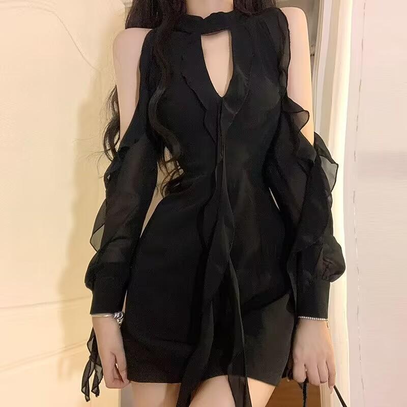 

Black off-the-shoulder neck dress for women s summer slim-fitting and thin Spice girls pure desire chiffon splicing skirt S