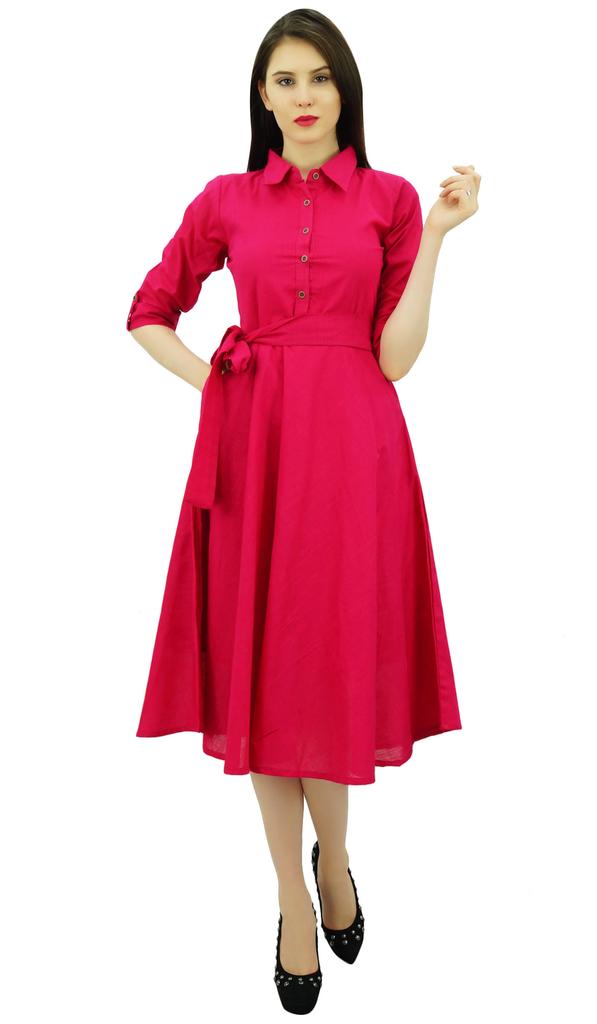 Bimba Women's 3 4 Sleeve Linen Collar Neck Solid Flared Shirt Dress with Side