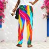 Women Plus Size Loose Straight Long Pants Blue White Printed With Pockets