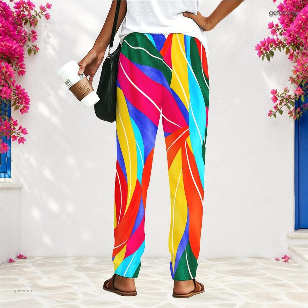 Women Plus Size Loose Straight Long Pants Blue White Printed With Pockets