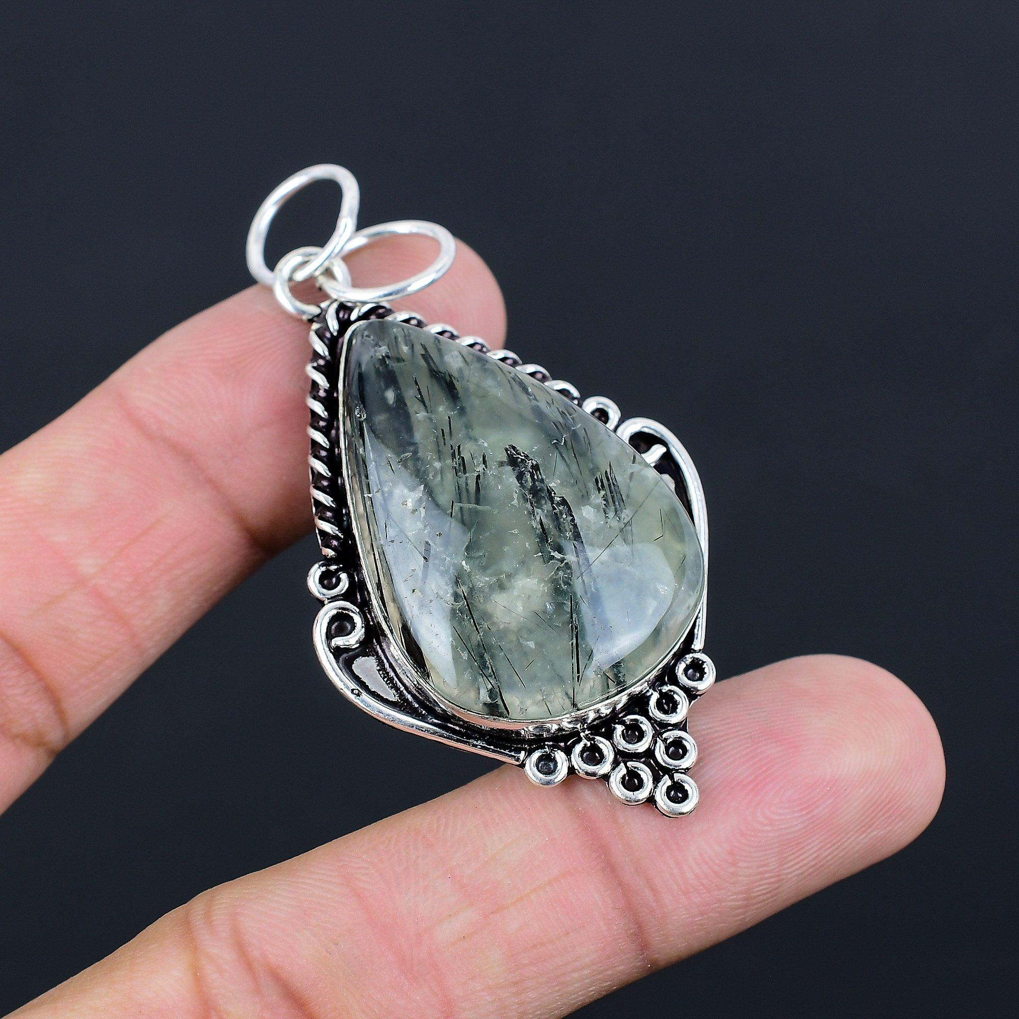 Мох Мох Пренит Драгоценный камень 925 пробы Стерлинговое серебро Оправа Этнический Мать Бохо Кулон